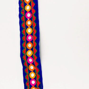 Royal Blue And Red Indian Mirror Trim Kutch Embroidered Navratri Garba Dress Trim Bridal Lace, Sari Border 30 mm Wide Trim Per 3 Yards